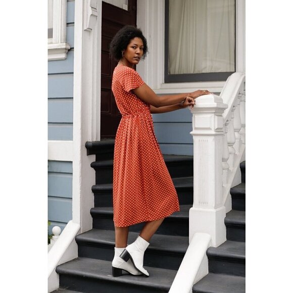 💕STINE GOYA💕 Caitlin Midi Dress ~ Rust Orange Polka Dot Print Medium - Picture 3 of 16
